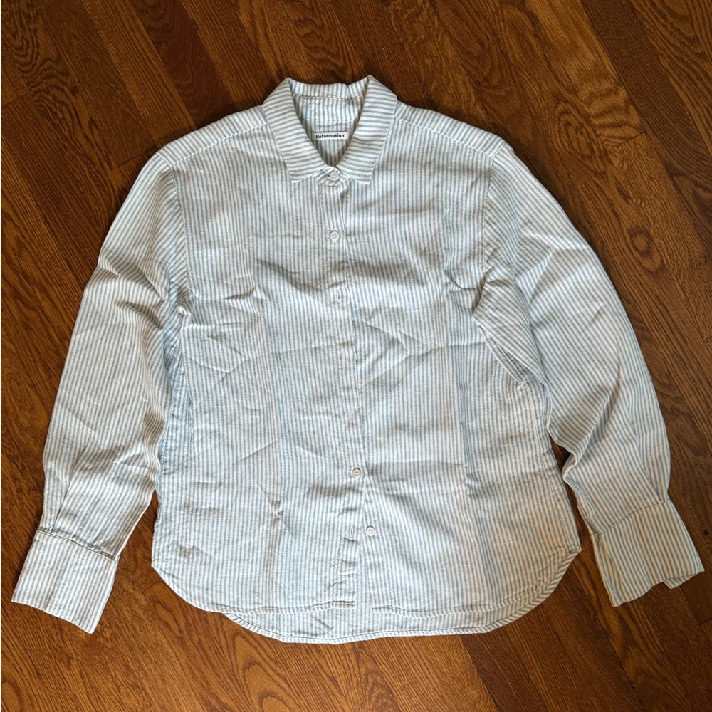 Reformation White and Blue Striped Shirt